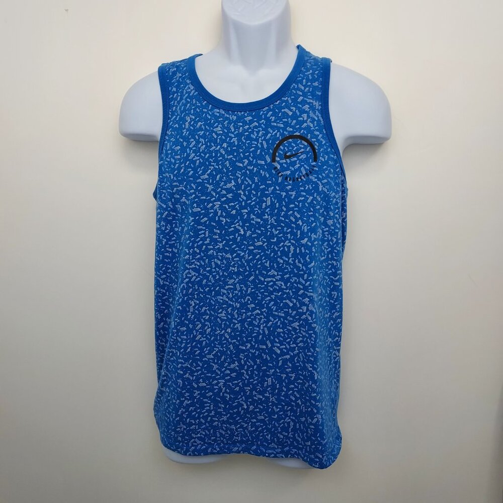 Share NIKE DRI-FIT BLUE BASKETBALL WHITE GEO PRINT UNISEX TANK TOP SIZE: S